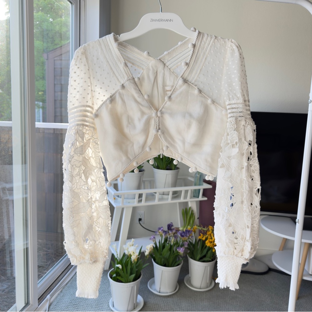 🦄🦄!! Zimmermann Pompom Embellished
Blouse In White, Size 0